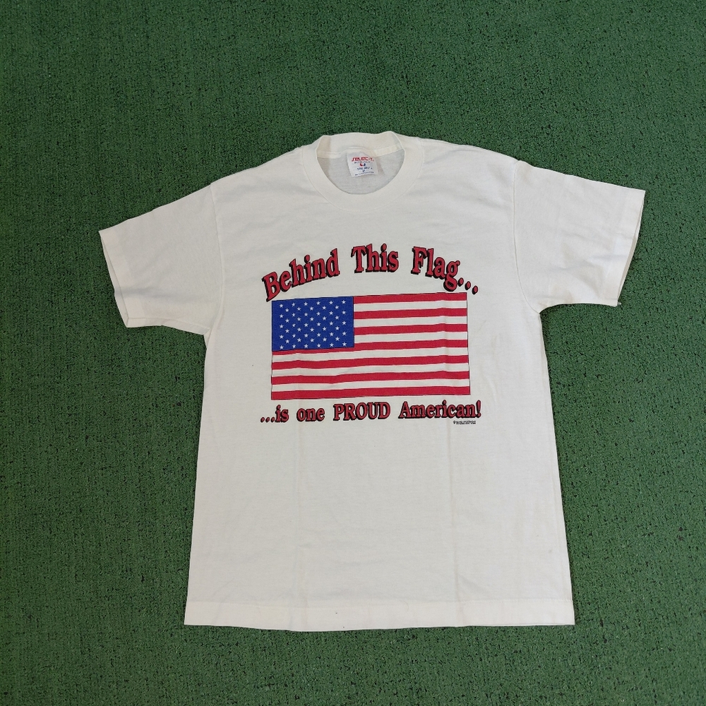 VINTAGE 1991 Behind This Flag Is One Proud American USA T Shirt Size Medium